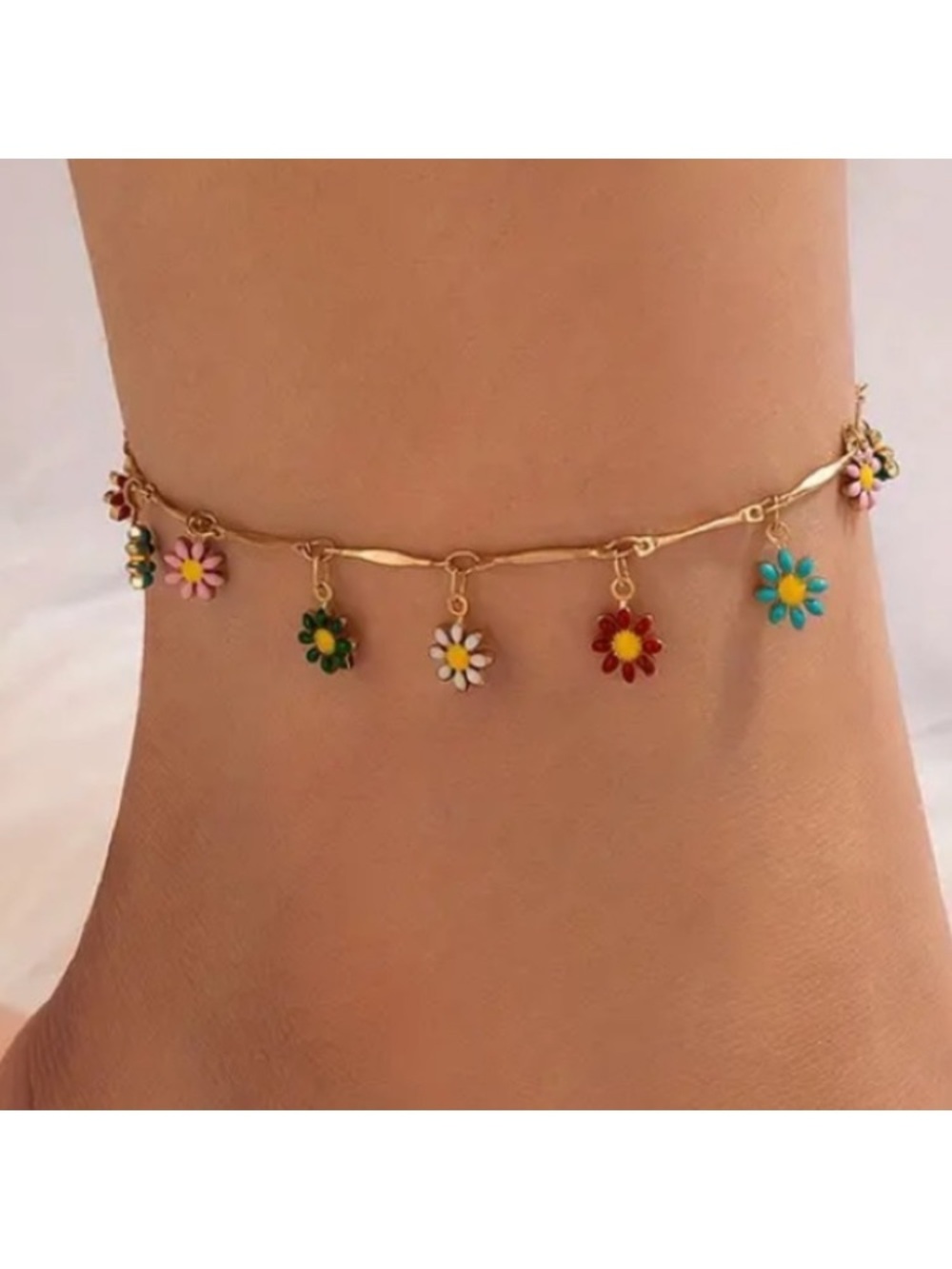 Multi Color Flower Daisy Gold Toned Anklet